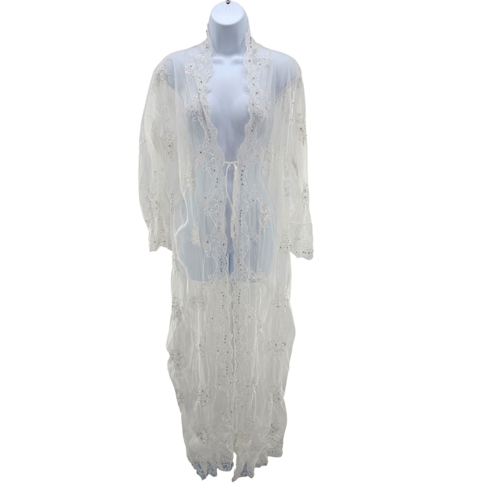 Vintage Sheer Mesh Embroidered Lace Duster Robe Rhinestone Bridal Kimono XL